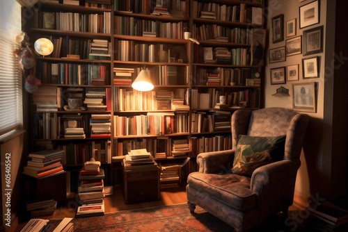 Cozy reading nook with comfortable chair, spot light and large library. AI generated.