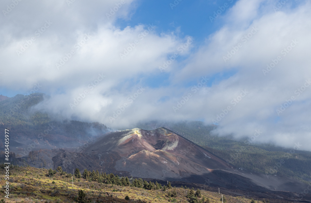 Horizontal view of a new volcano. Cone and eruption in Canary Island. Tajogaite.