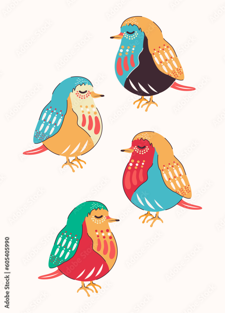 Naklejka premium Set of birds in modern trendy design. Colored animals. Vector stock illustration. isolated. hand drawn. Doodle. Robin