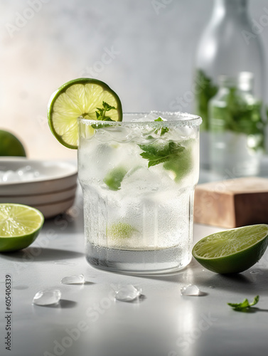 Margarita cocktail in a light, airy white kitchen. Margarita cocktail classic tequila drink with lime juice in salt rim cocktail glass and lime slice. Realistic 3D illustration. Generative AI