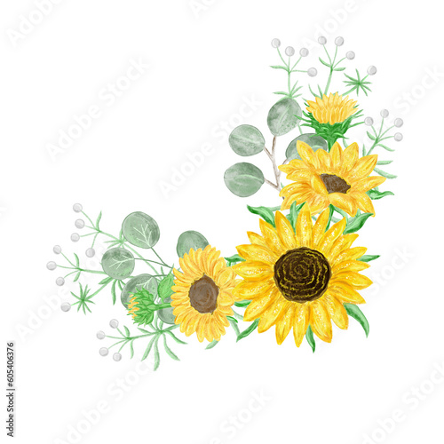 Watercolor sunflower and eucalyptus leaves bouquet. Yellow flowers for rustic wedding design, thanksgiving decoration, fabric, greeting cards, ets. Isolated on white background