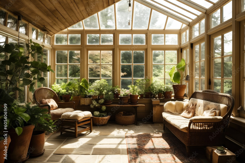 Relaxing sunroom with plenty of natural sun light, comfortable sofas, plants. AI generated.
