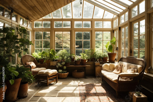 Relaxing sunroom with plenty of natural sun light, comfortable sofas, plants. AI generated.