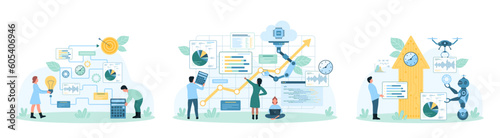 Economic growth, AI technology for stock market trades and financial analysis set vector illustration. Cartoon tiny people research finance infographic data charts with calculator, robots and drone