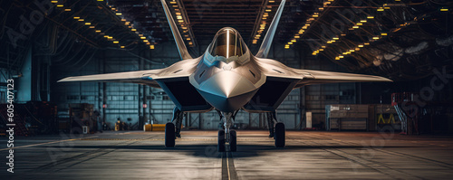 Fotografia F-22 Raptor parked inside a military hangar. Generative AI