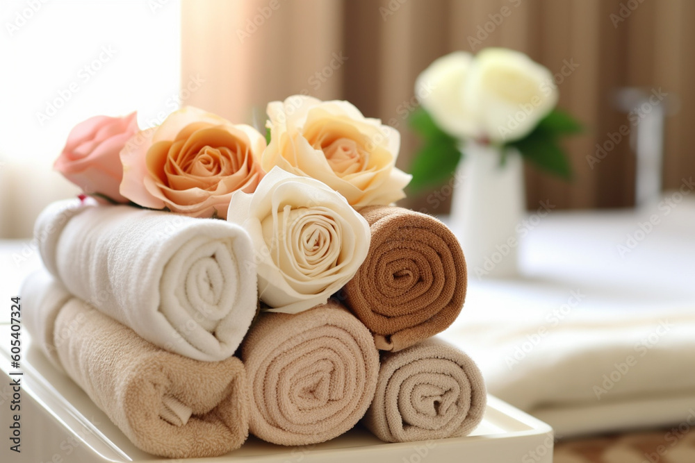spa towels arranged on white tray with a bouquet of flowers Generative AI spa towels arranged on white tray with a bouquet of flowers Generative AI