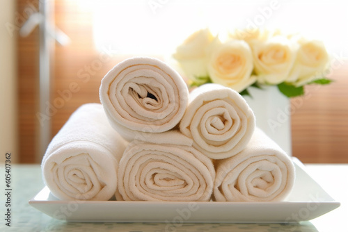 spa towels arranged on white tray with a bouquet of flowers Generative AI