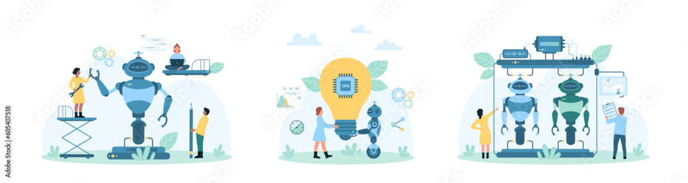 Robot programming, machine learning set vector illustration. Cartoon ...