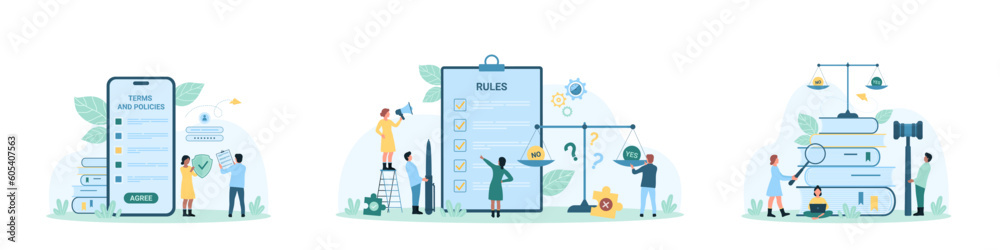 Rules and agreement set vector illustration. Cartoon tiny people accept terms and conditions with agree button, weigh yes and no decisions on balance scale, use legal judgment and law judicial service