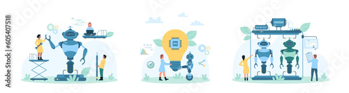 Robot programming, machine learning set vector illustration. Cartoon tiny people research high tech AI systems in industry, engineers building futuristic cyborgs with digital brain in laboratory