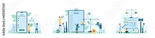 Rules and agreement set vector illustration. Cartoon tiny people accept terms and conditions with agree button, weigh yes and no decisions on balance scale, use legal judgment and law judicial service