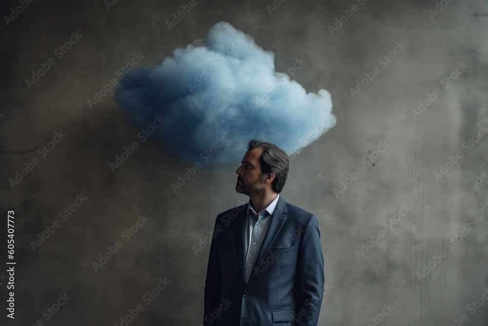a cloud near the head of a man in a blue business suit. art, minimalism, dark sky. surreal art. AI generative a cloud near the head of a man in a blue business suit. art, minimalism, dark sky. surreal art. AI generative