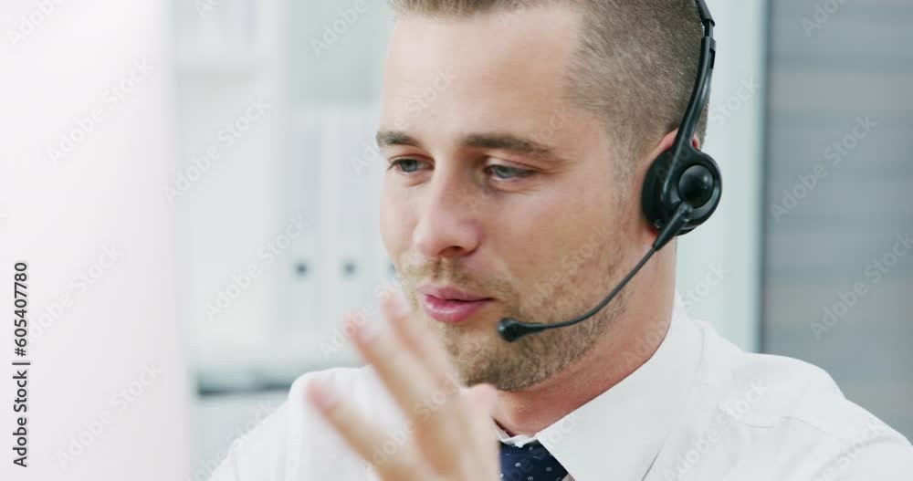 Call center man, talk or contact us by computer on headset, microphone and smile for consulting job. Crm, telemarketing consultant or agent with customer service, tech support and help desk in office