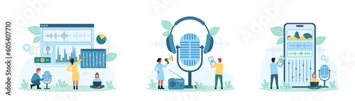 Sound editing set vector illustration. Cartoon tiny people edit digital sound with editor app on mobile phone screen, software of computer or laptop to control and mix audio waves of music or voice