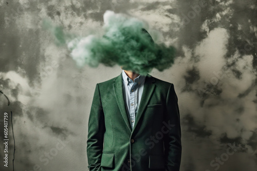 Wallpaper Mural a cloud near the head of a man in a green business suit. art, minimalism, dark sky. surreal art. AI generative Torontodigital.ca