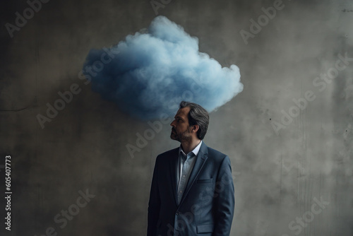 a cloud near the head of a man in a blue business suit. art  minimalism  dark sky. surreal art. AI generative