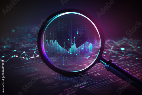 Wallpaper Mural Data analysis, search engine optimization or SEO. magnifier, charts, graphs. ultraviolet and neon screen. AI generative Torontodigital.ca