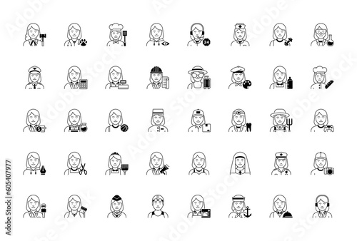 Women icons. 40 characters set. Occupations. Professions. Human resources Vector Illustration.
