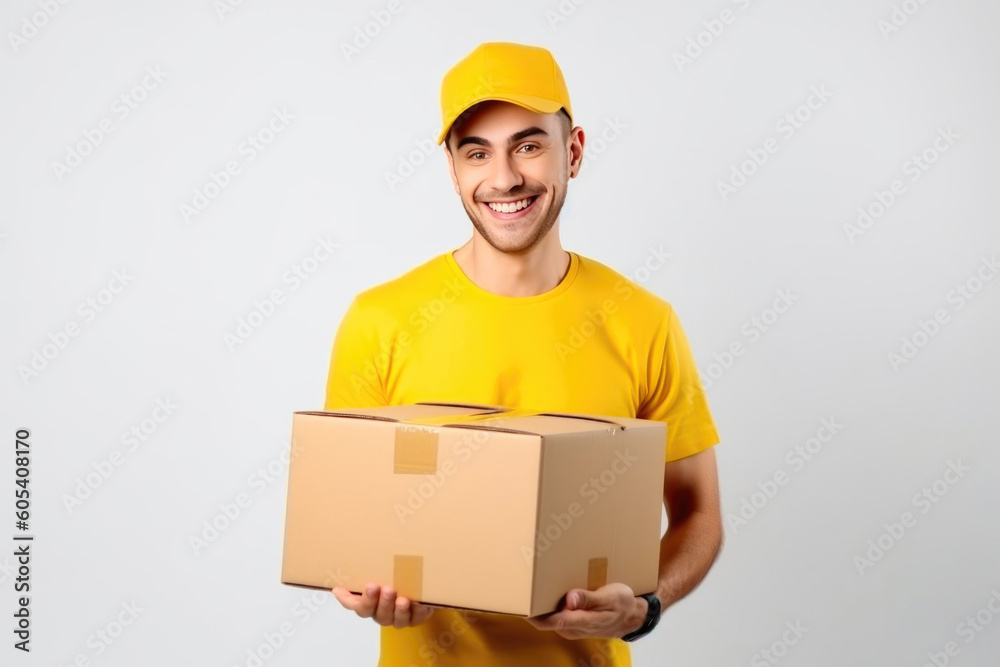 Smiling caucasian male courier holding cardboard box. Generative AI Smiling caucasian male courier holding cardboard box. Generative AI