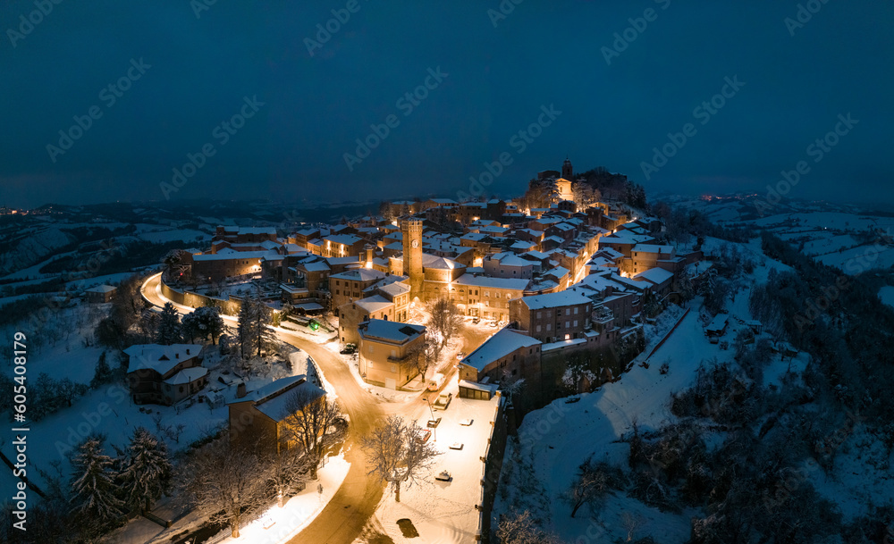 Panoramic of a snowy village in central Italy, Santa Vittoria in Matenano, Marche