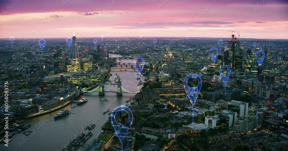 Aerial smart city. Localization icons in a connected futuristic city. Technology concept, data communication, artificial intelligence, internet of things. London skyline. Shot in 8K.