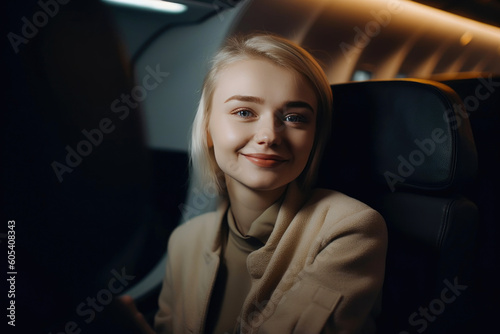 Positive Vibes: Joyful Passenger in Seat Next to You. Generative AI © Andrii 