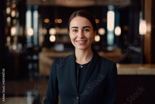 Photographie A friendly female hotel clerk with a big smile. Generative AI