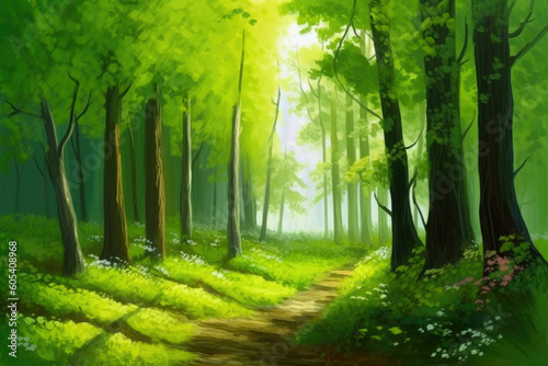 Painting or drawing of a forest scene. Generative AI