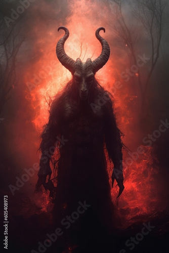 Scary demon with horns on a fire background. Halloween concept. Baphomet demon goat god. Lucifer, belzebu. Devil with horns. Red fire and smoke in hell.