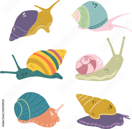 Funny snail characters flat set. Cartoon snail with shell house isolated vector illustration collection.