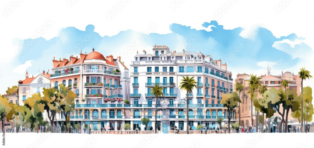 Color illustration of Cannes architecture, France, isolated on a white background