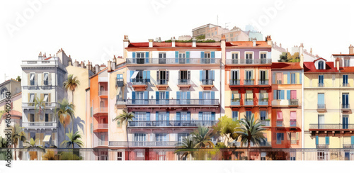 Color illustration of Cannes architecture, France, isolated on a white background