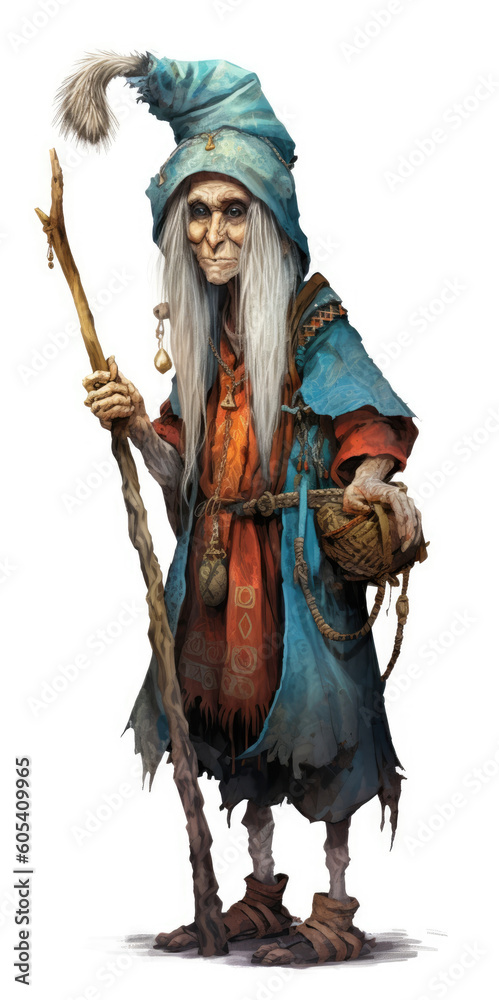 Kazakh witch Zhalmauyz Kempir, a character from Kazakh fairy tales, isolated on a white background. AI generated.