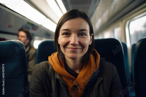 Passenger's Delight: Kindly Woman's Gaze and Smile. Generative AI