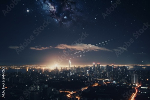 Mesmerizing meteor shower above cityscape. Generative AI