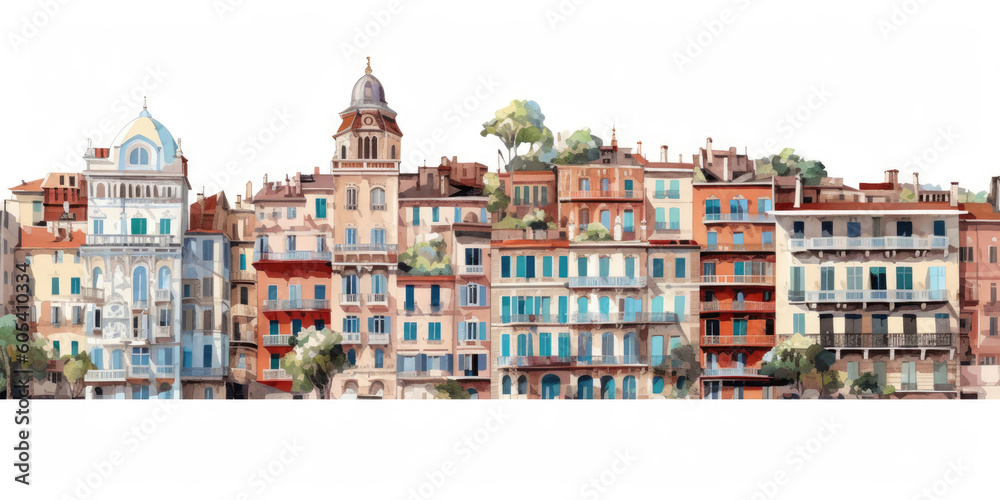 Color illustration of city of Nice architecture isolated on a white background