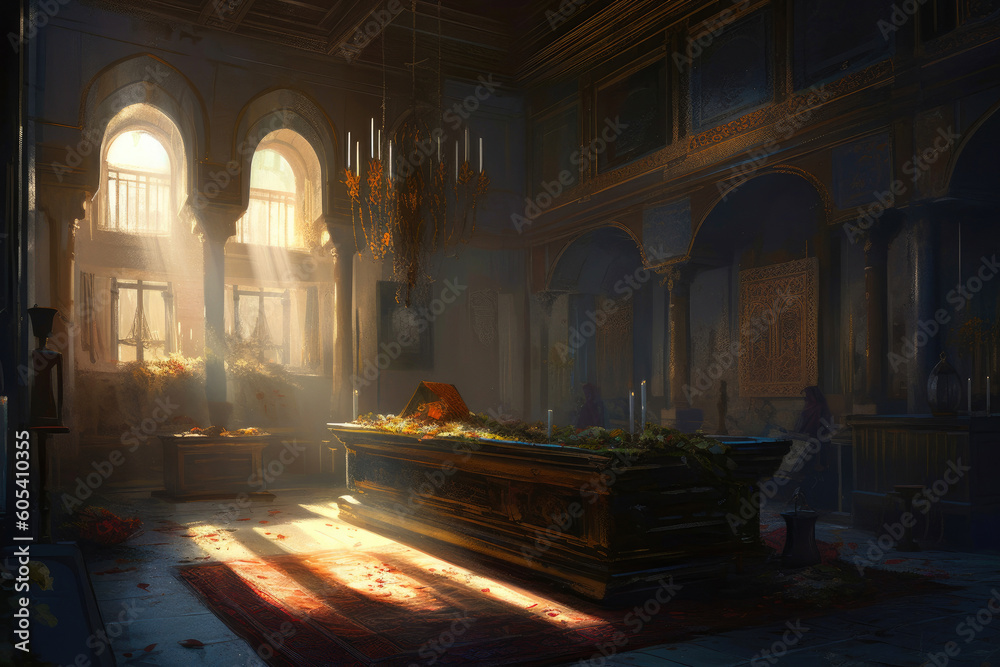Funeral inside throne room, sunlight, moody, nostalgic. Generative AI