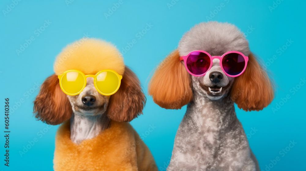 Happy poodles wearing colorful sunglasses - Generative AI