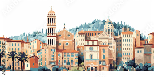 Color illustration of city of Nice architecture isolated on a white background