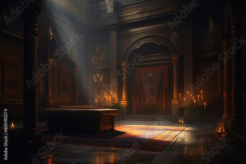 Funeral inside throne room  sunlight  moody  nostalgic. Generative AI