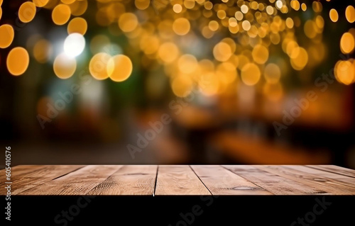 Wooden table with blurred Christmas tree background  created with generative AI