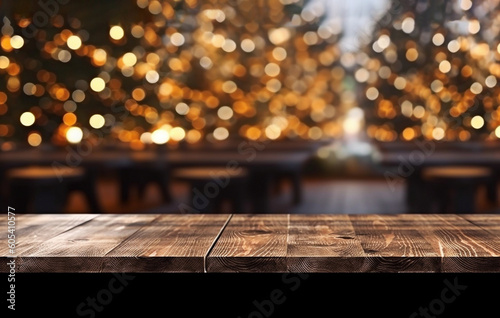 Wooden table with blurred Christmas tree background  created with generative AI