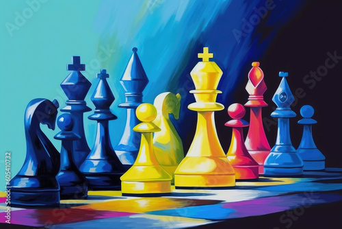Print op canvas Colorful oil painting chess art. Generative AI