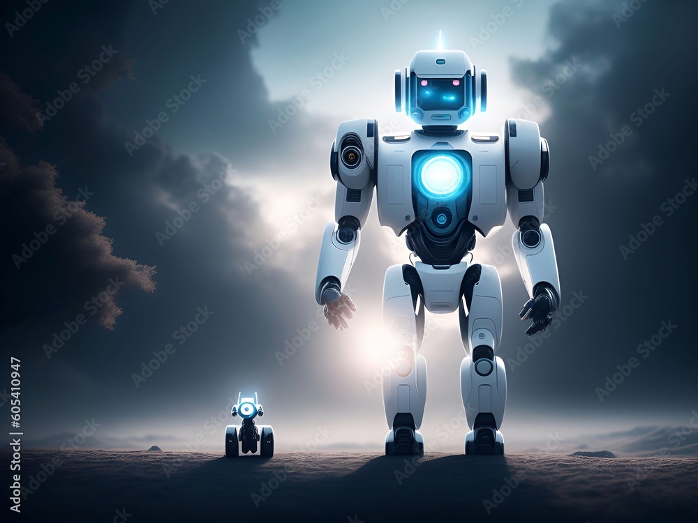 android, robot, cyborg, small and large standing on the ground with sky background generative ai illustration art