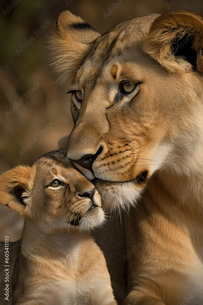 Mother's love in the animal kingdom. Portrait of harmony of mother and cub. A mother's love is crucial for survival in nature. Realistic 3D illustration. Generative AI Mother's love in the animal kingdom. Portrait of harmony of mother and cub. A mother's love is crucial for survival in nature. Realistic 3D illustration. Generative AI