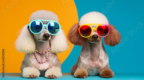 Poodles wearing colorful sunglasses - Generative AI