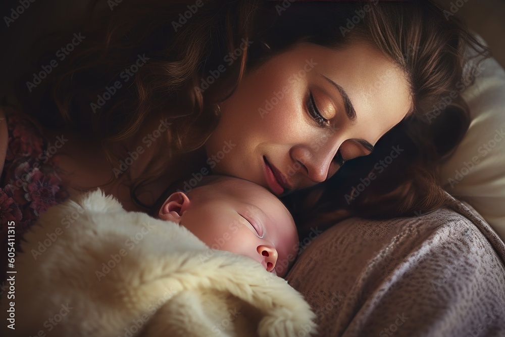 Woman slip with adorable baby wrapped in blanket. Generative AI Woman slip with adorable baby wrapped in blanket. Generative AI