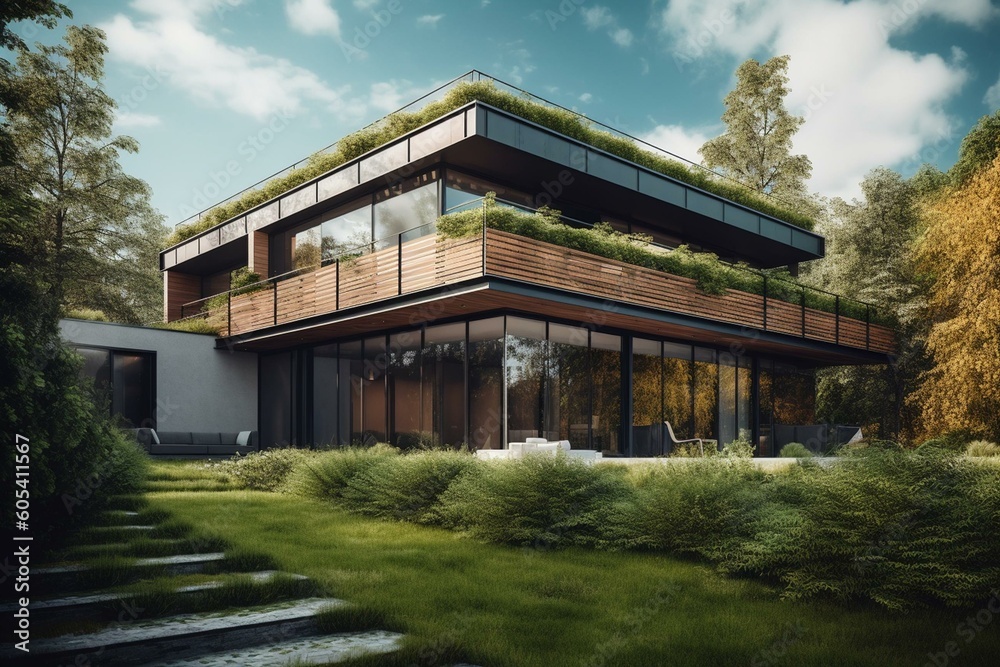 Environmentally friendly home with solar panels and green wall. Generative AI
