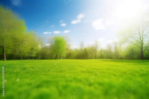 Beautiful blurred background image of spring nature with a neatly trimmed lawn surrounded by trees against a blue sky with clouds on a bright sunny day, generate ai