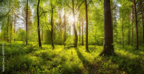 Beautiful rays of sunlight in a green forest, generate ai